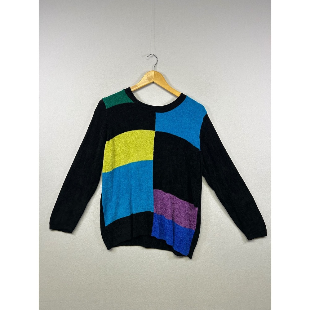 90s Retro Sag Harbor Woman 1X Black Multi Colorblock Geometric‎ Chenille Sweater